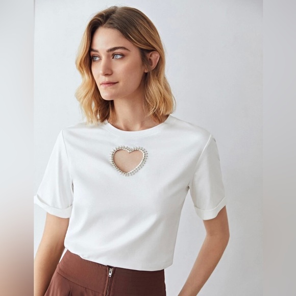 White Short Sleeve Shirt with Cut Out Rhinestone Heart - Picture 6 of 9